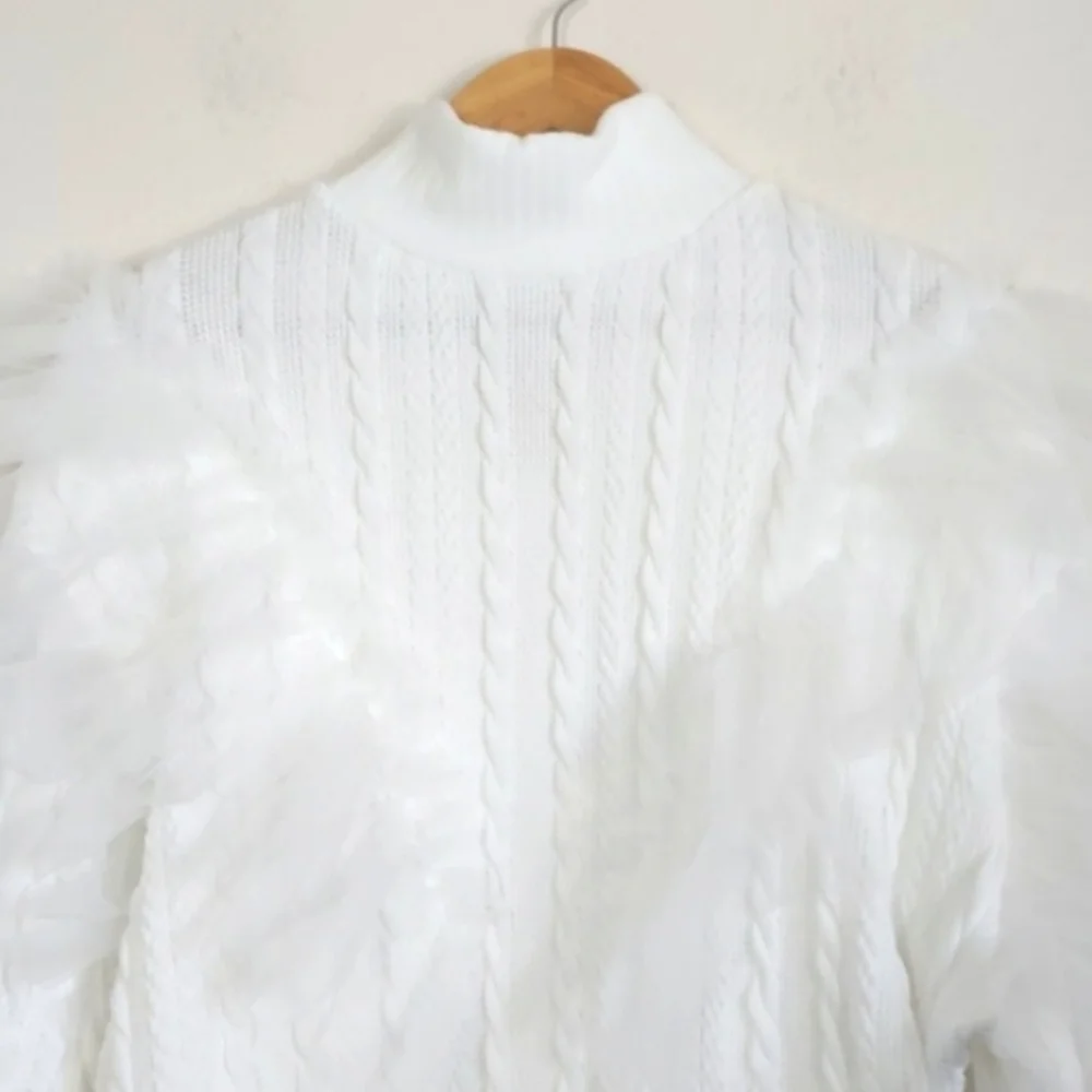Free People Showstopper Ruffled Tulle Cable Sweater in White Size Small